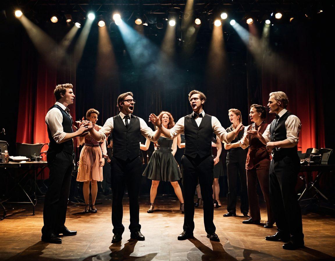 A dynamic stage scene with a focused stage manager directing actors, surrounded by vibrant lights and equipment. Include a diverse cast in costumes mid-performance, showcasing intense emotion. Capture the blend of chaos and creativity on stage, emphasizing the manager's authoritative presence and the collaborative spirit of theatre. dramatic lighting, warm colors, high detail. super-realistic.