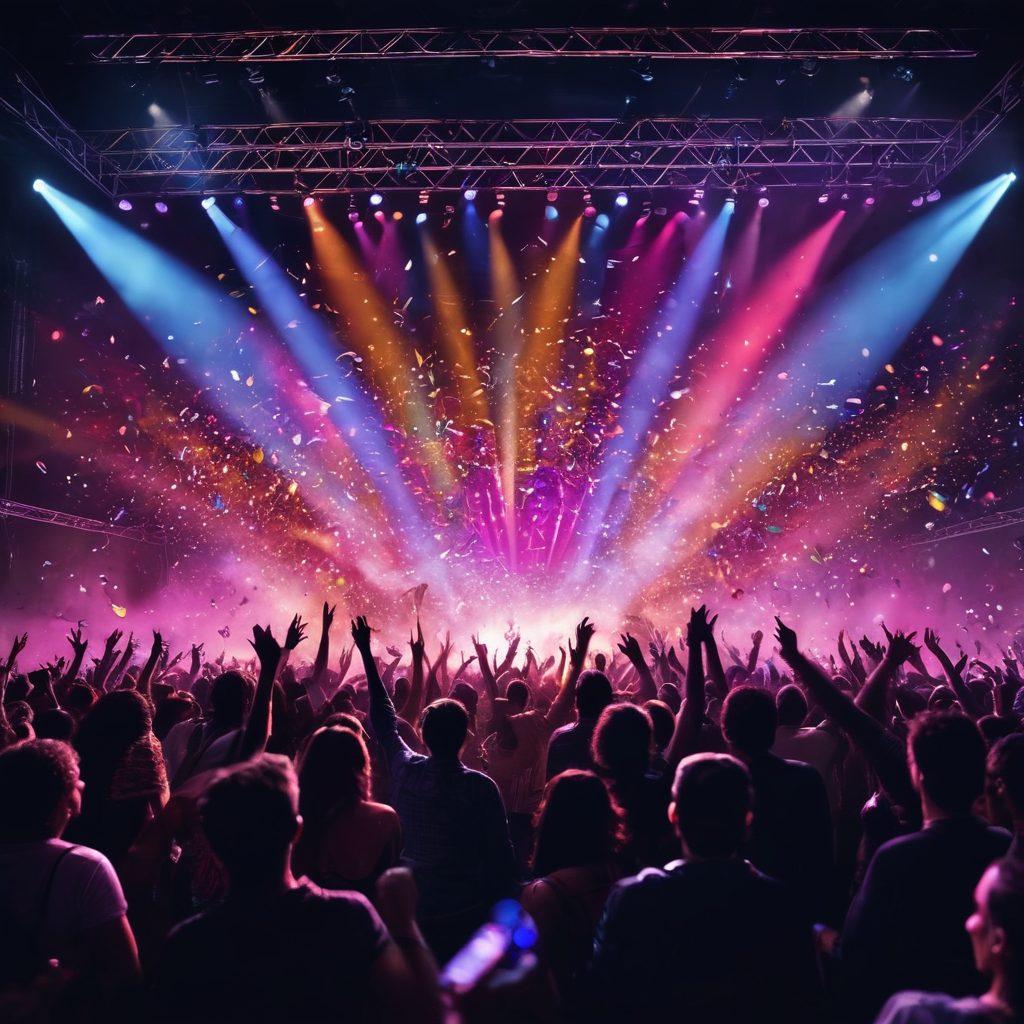 An electrifying live concert scene with a diverse audience joyously engaging with vibrant lights and confetti in the air, showcasing musicians on stage with instruments, dynamic expressions, and a festive atmosphere. Include colorful spotlights casting vivid shadows, emphasizing the energy of the moment, and various musical symbols like notes and instruments subtly in the background. super-realistic. vibrant colors. dynamic composition.