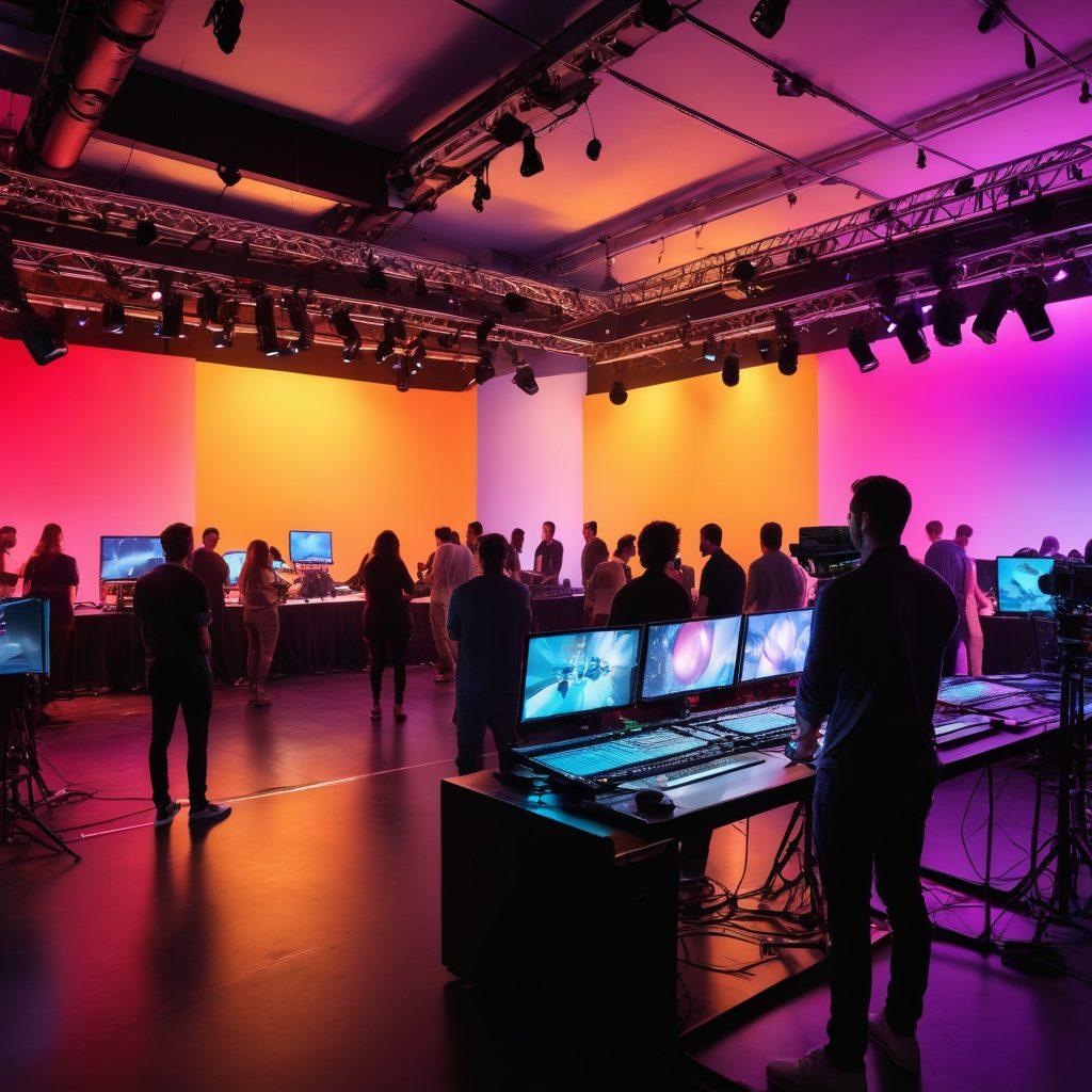 A dynamic scene showcasing a bustling event production team in action, surrounded by colorful lighting setups, camera equipment, and vibrant decorations. Focus on a diverse group of professionals collaborating enthusiastically, with expressions of joy and concentration. Include elements like sound equipment, staging, and a glimpse of an audience waiting in excitement. The setting is illuminated with warm, inviting colors to reflect the ecstatic atmosphere. super-realistic. vibrant colors. white background.